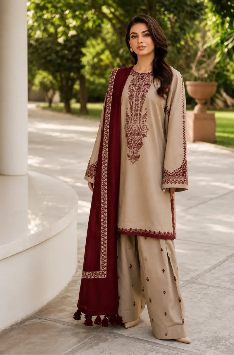 Sapphrie - Dhanak 3-Piece Unstitched Embroidered Suit