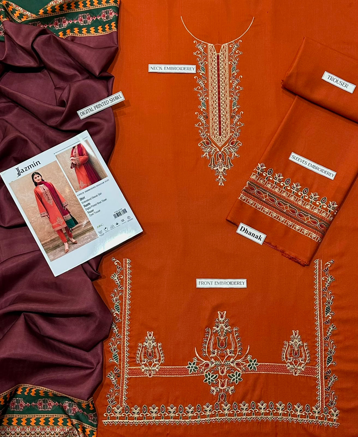 Jazmin Dhanak 3-Piece Heavy Embroidered Suit with Printed Wool Shawl