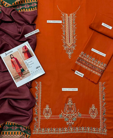Jazmin Dhanak 3-Piece Heavy Embroidered Suit with Printed Wool Shawl