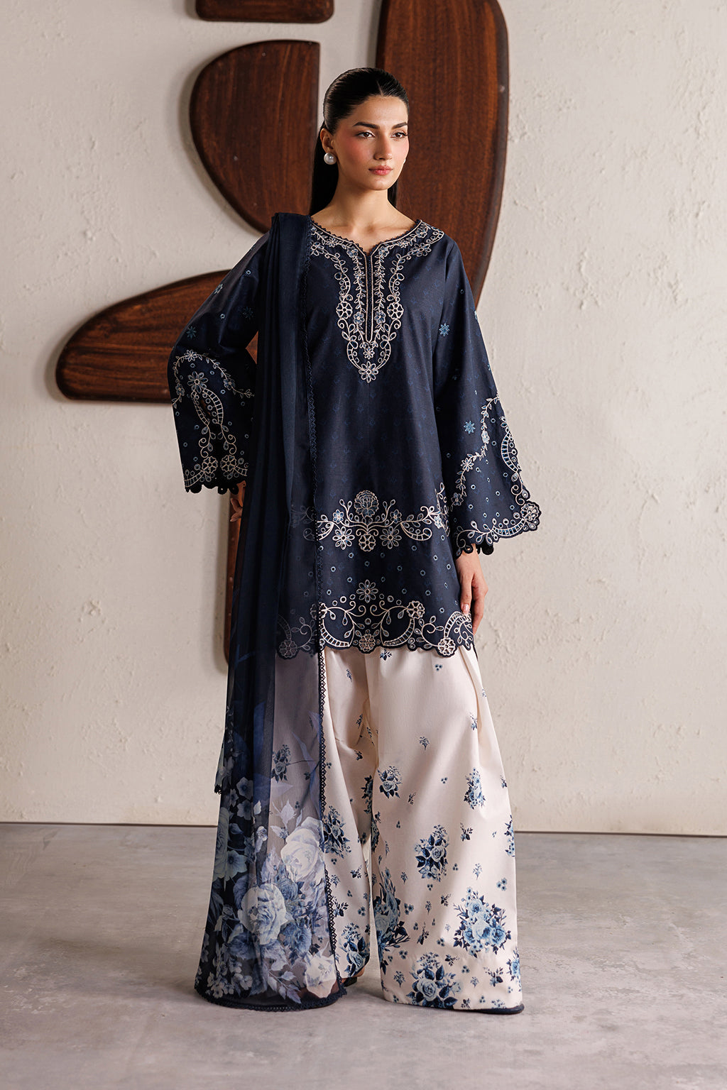 Iznik- 3PC DHANAK EMBROIDERED SHIRT WITH TWILL PRINTED SHAWL AND EMBROIDERED TROUSER